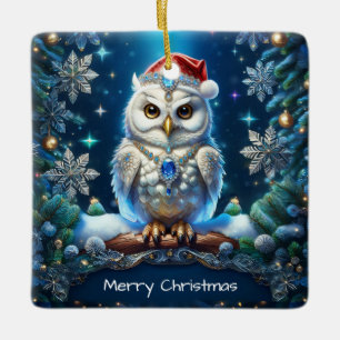 Juwelier-Eule mit Weihnachtsmannhut-Ornament Keramikornament
