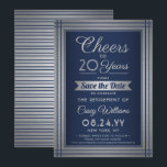 JY Number Retirement Party Cheers Navy Blue Save The Date<br><div class="desc">Laden Sie Kollegen, Mitarbeiter, Familie und Freunde zu einer eleganten Rentenfeier mit maßgeschneiderten marineblau und Imitats silberne Folie Save the Date Party Einladungen. Die "Cheers to 20 Years" Template-Formulierung ist Set bis zu 20 Jahren Service, aber ist einfach zu anpassen für jede Zahl. Das Design besticht durch eine moderne gestreifte...</div>