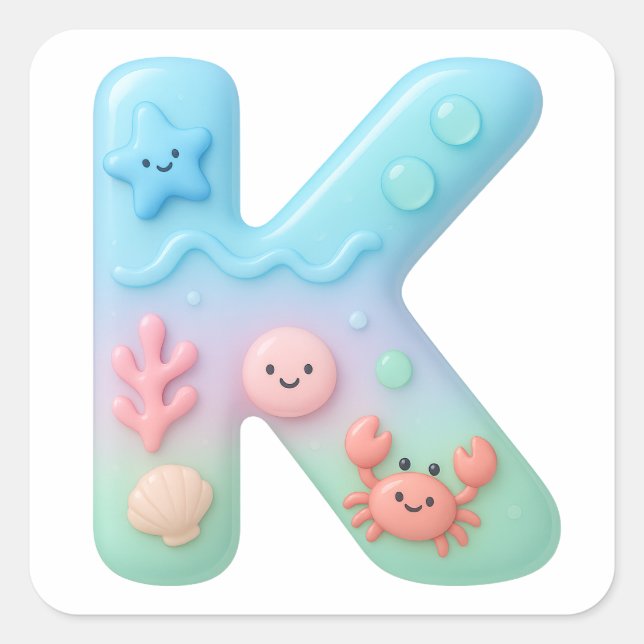"K" Cute Letter - Underwater Sea Creatures  Quadratischer Aufkleber (Vorderseite)
