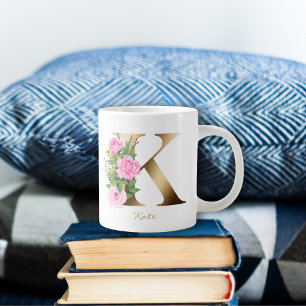 K Letter Gold Monogram Rosa Rosen Jumbo-Tasse