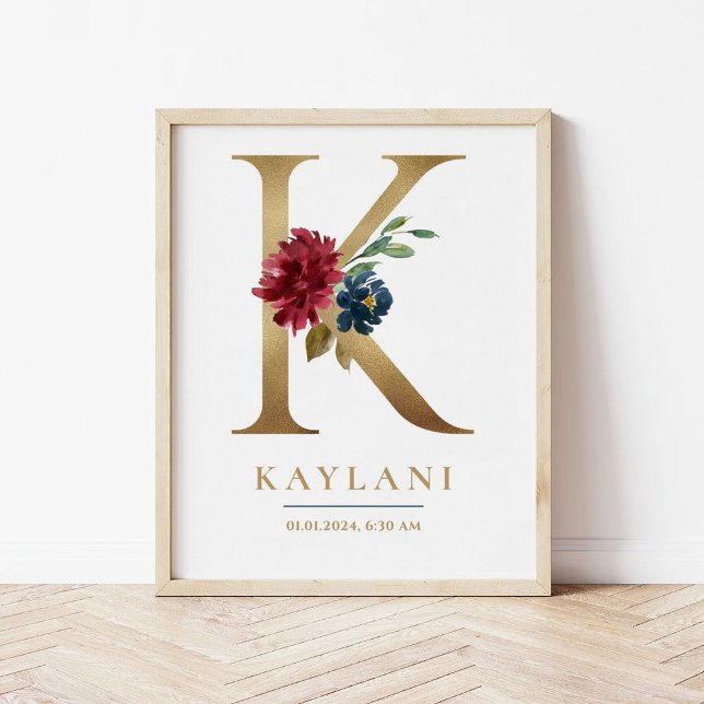 K Letter Monogram Name Marsala Floral Kinderzimmer Poster (Von Creator hochgeladen)