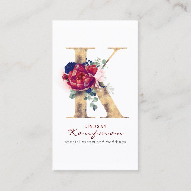 K Monogram Burgundy Gold und Navy Blue Floral Visitenkarte (Vorderseite)