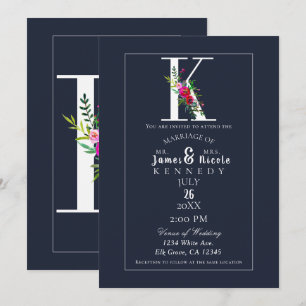 K Monogram Letzter Initiale Moderne Blaue Florale Einladung