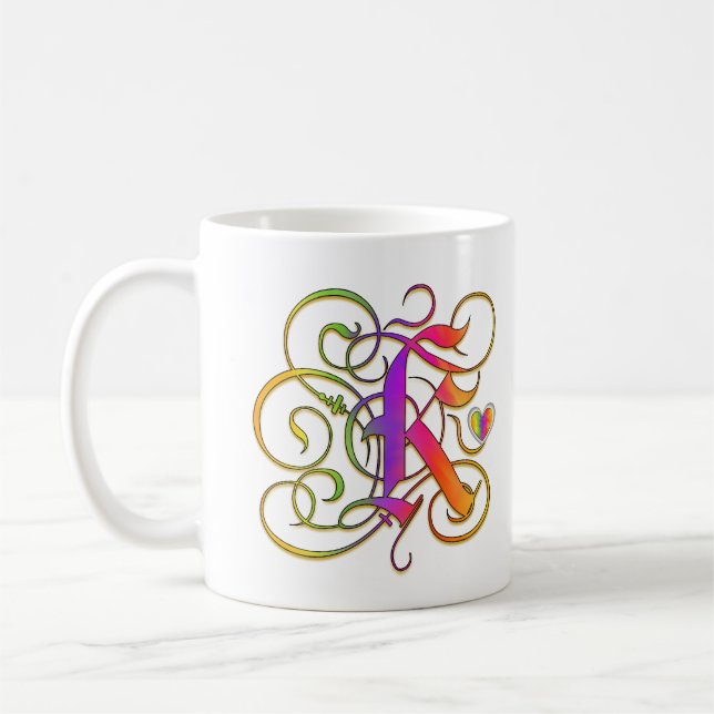 K-Monogramm-"gotischer Regenbogen-" Tassenschalen Kaffeetasse (Links)