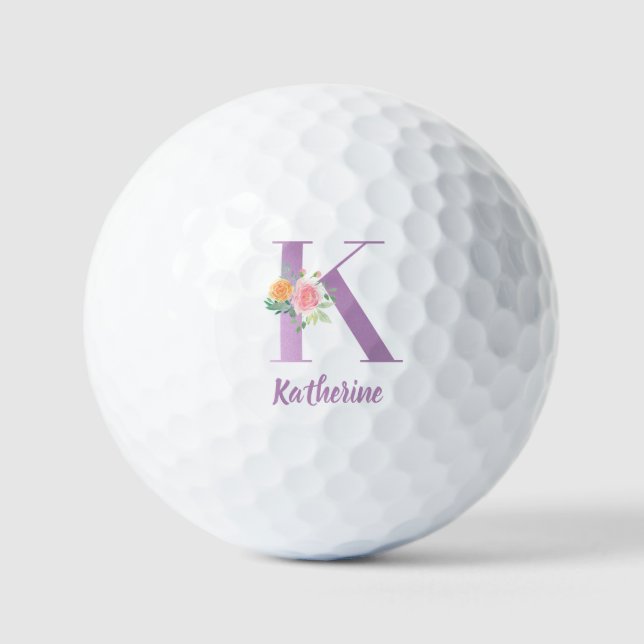 K Monogramm Lila Blumenfarbe Personalisiert Golfball (Vorderseite)