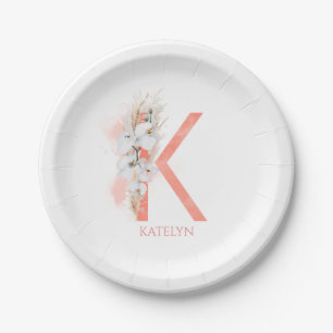 K Monogramm Name Pampas Gras weiße Orchideen Pappteller
