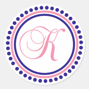 K Monogramm (Navy Blue/Pink Dot Circle) Runder Aufkleber