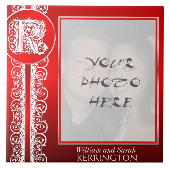 K Monogramm "Weiße Spitzen auf Rot" mit Foto - Til Fliese (Vorderseite)