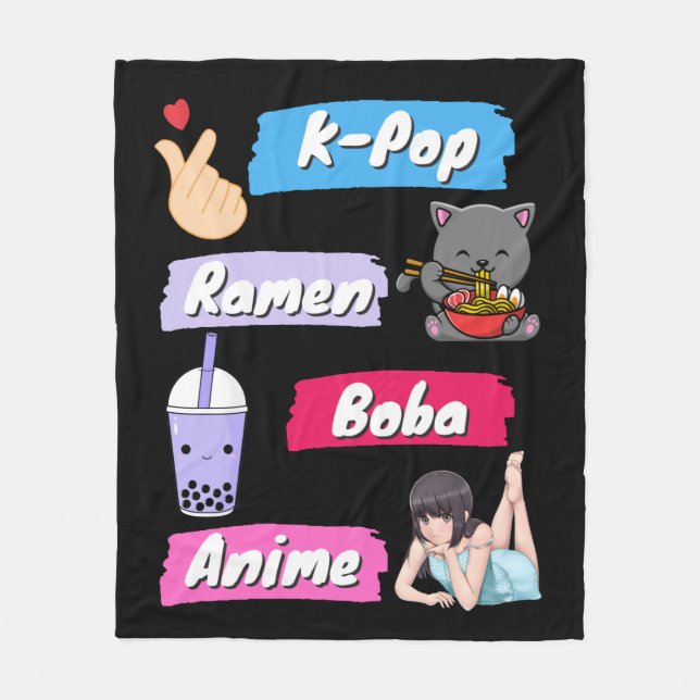 K-Pop, Ramen, Boba und Anime Pop Culture Fan Fleecedecke (Vorderseite)