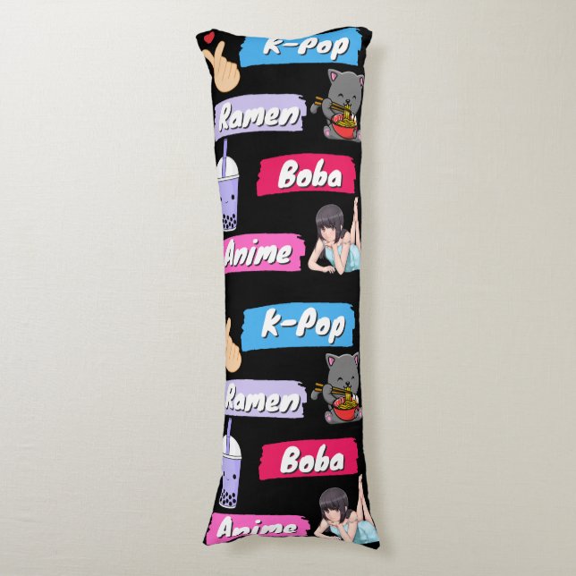 K-Pop, Ramen, Boba und Anime Pop Culture Fan Seitenschläferkissen (Vorderseite Vertikal)