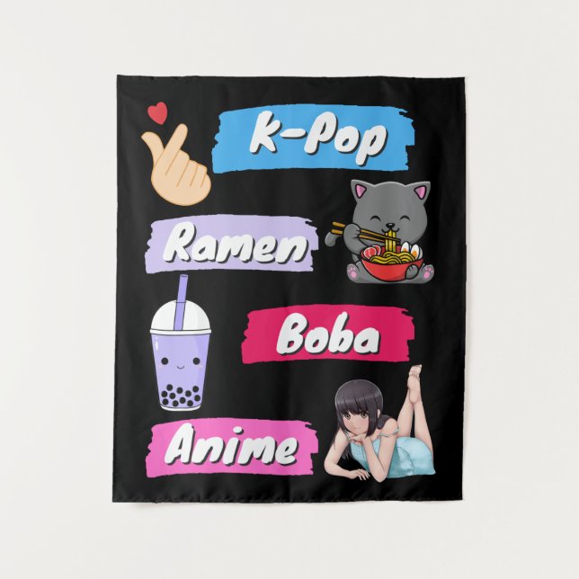 K-Pop, Ramen, Boba und Anime Pop Culture Fan Wandteppich (Vorderseite)