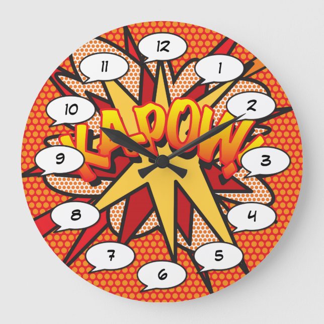 KA-POW Fun Comic Book Modern Typography Große Wanduhr (Vorderseite)