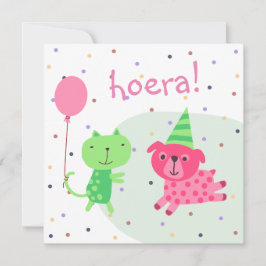 kaart felicitatie poes hond en ballon karte
