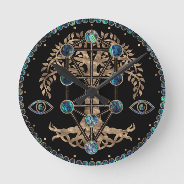 Kabbalah Der Baum des Lebens Abalone und Gold Runde Wanduhr (Vorderseite)