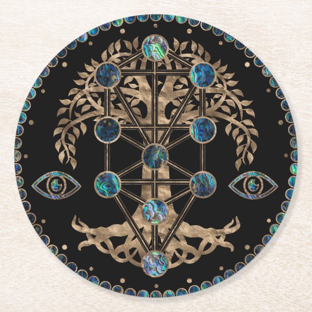 Kabbalah Der Baum des Lebens Abalone und Gold Runder Pappuntersetzer (Vorderseite)