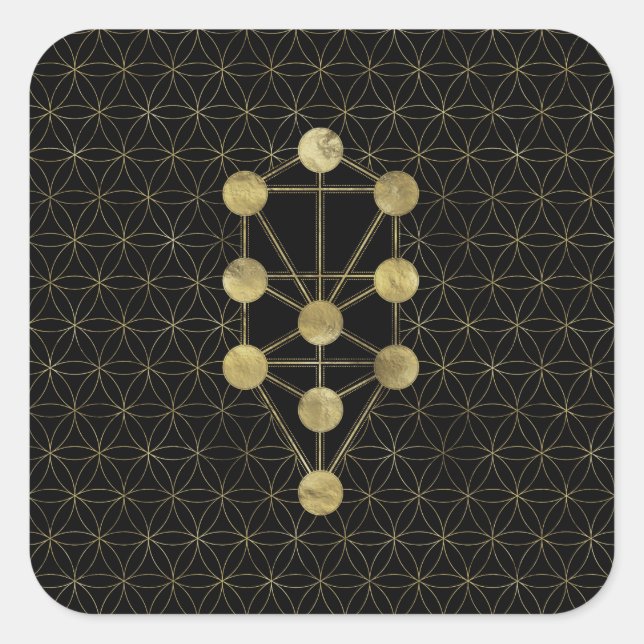 Kabbalah Der Baum des Lebens Gold auf schwarz Quadratischer Aufkleber (Vorderseite)