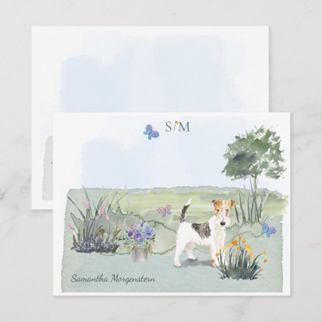 Kabelhaarfuchs Terrier Butterfly Meadow Monogram Mitteilungskarte (Vorne/Hinten)
