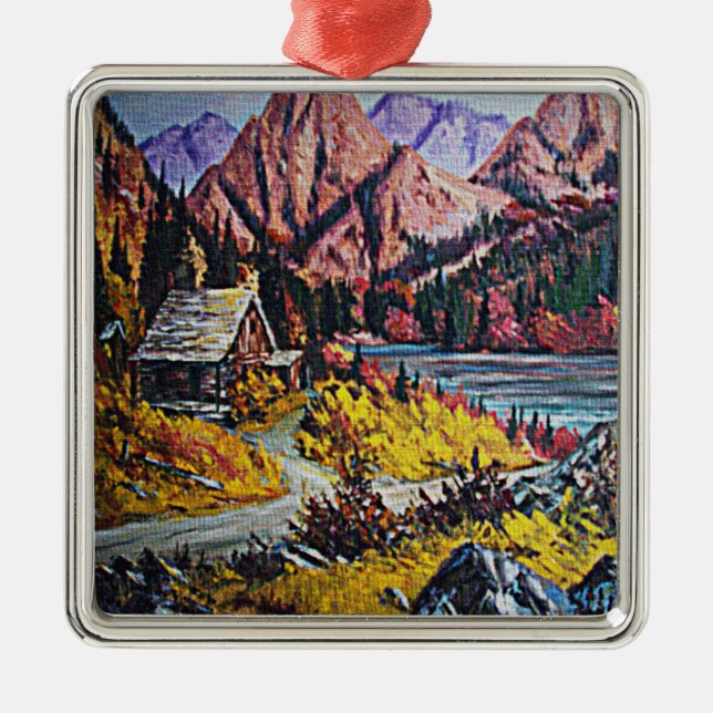 Kabine am See Ölgemälde Ornament Aus Metall (Vorne)
