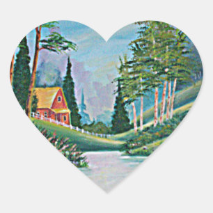 Kabine durch Stream Oil Painting Herz-Aufkleber