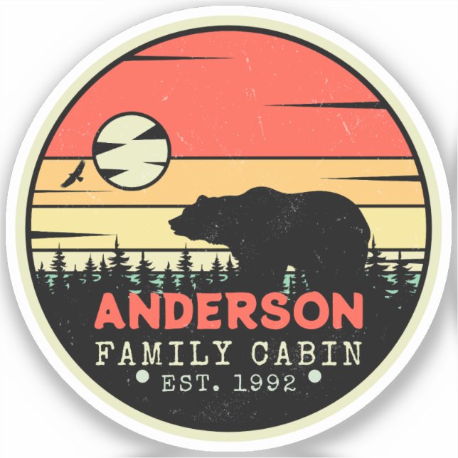 Kabine Familienname Retro Pine Trees Bear Souvenir Aufkleber (Vorderseite)