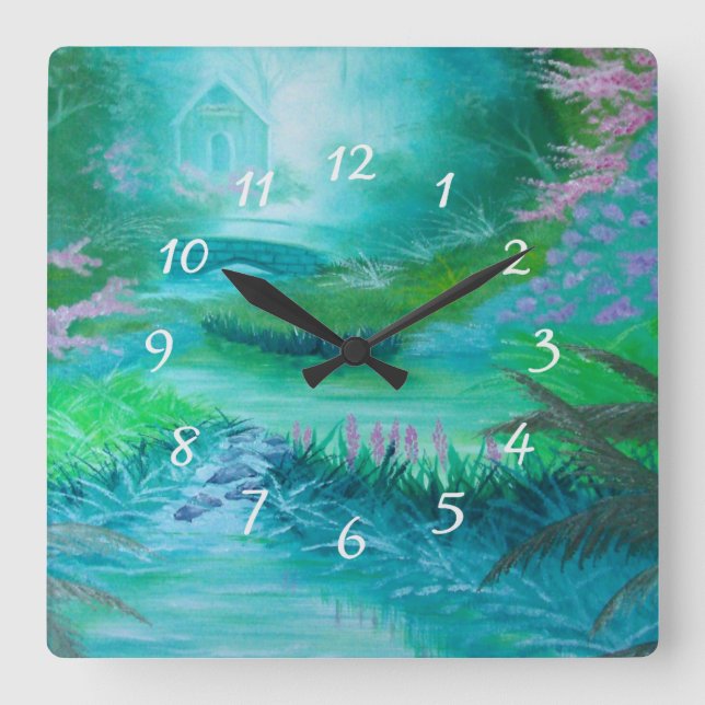 Kabine im Wald Quadratische Wanduhr (Vorderseite)