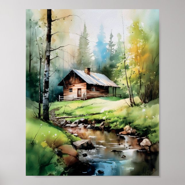 Kabine im Wald Springtime Wasserfarbe Poster (Vorne)