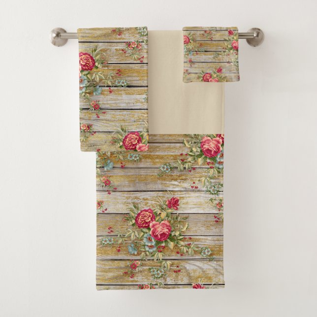 Kabine Rote Rose Blume Blumenkohl Shabby Chic Hand Badhandtuch Set (Insitu)