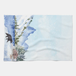 Kabine, See, Berge, Bäume, Bärenwinterlandschaft Geschirrtuch