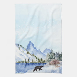 Kabine, See, Berge, Bäume, Bärenwinterlandschaft Geschirrtuch