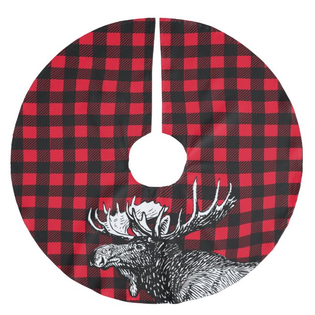 Kabinen-rustikale Elch-rotes und schwarzes Polyester Weihnachtsbaumdecke (Vorderseite)