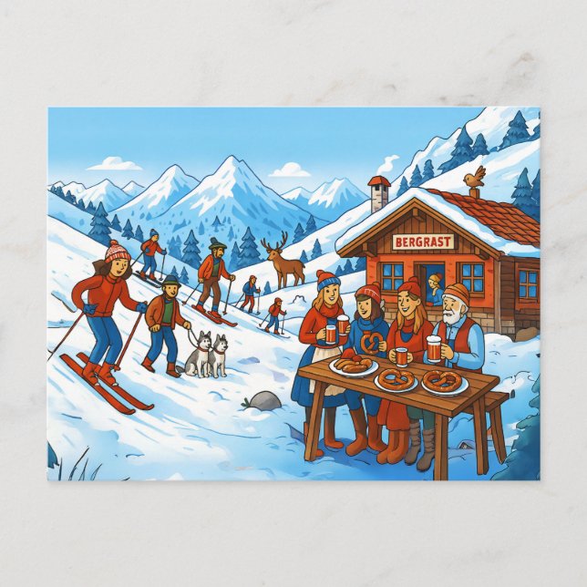 Kabinenzauber mit Skifahren Feiertagspostkarte (Vorderseite)