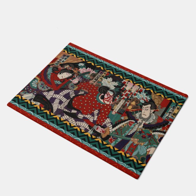 Kabuki Samurai-Krieger Woodblock Fußmatte (Schrägansicht)