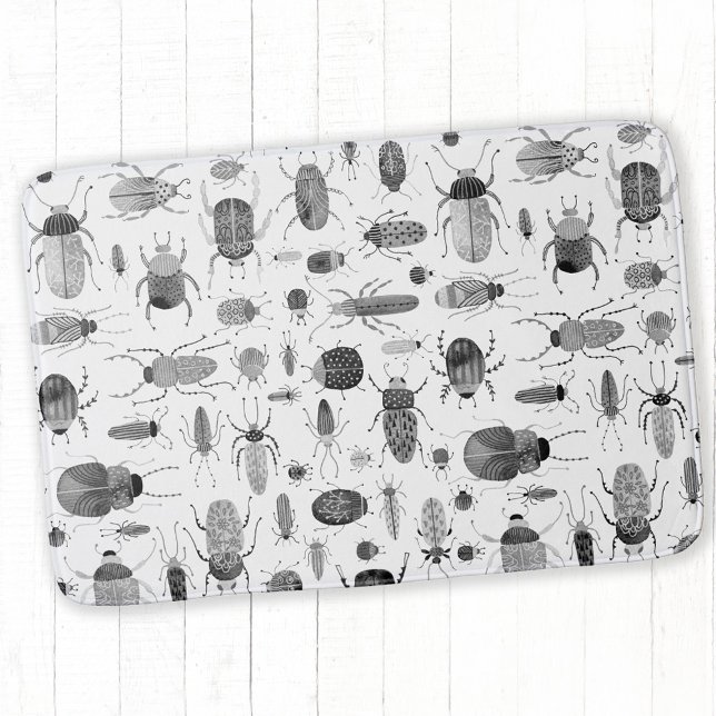 Käfer Schwarz & Weiß Badematte (Beetles and bugs black and white watercolor bath mat)