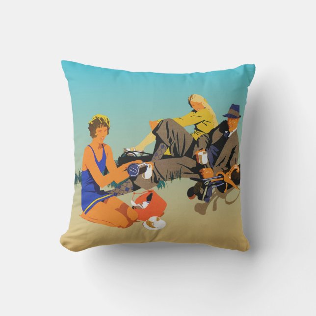 Kaffee am Strand. Eine Retro-Werbegrafik. Kissen (Vorderseite)
