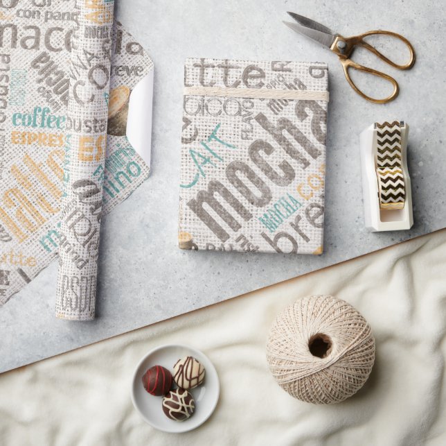 Kaffee auf Burlap Word Cloud Aquamarin ID283 Geschenkpapier (Kunsthandwerk)