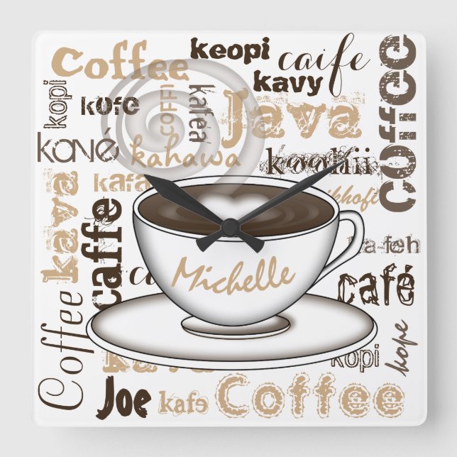Kaffee-auf der ganzen Welt Name Quadratische Wanduhr (Vorderseite)