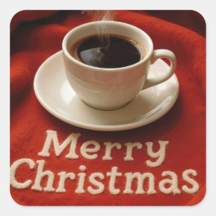 Kaffee auf einer fröhlichen Weihnachtsdecke Quadratischer Aufkleber