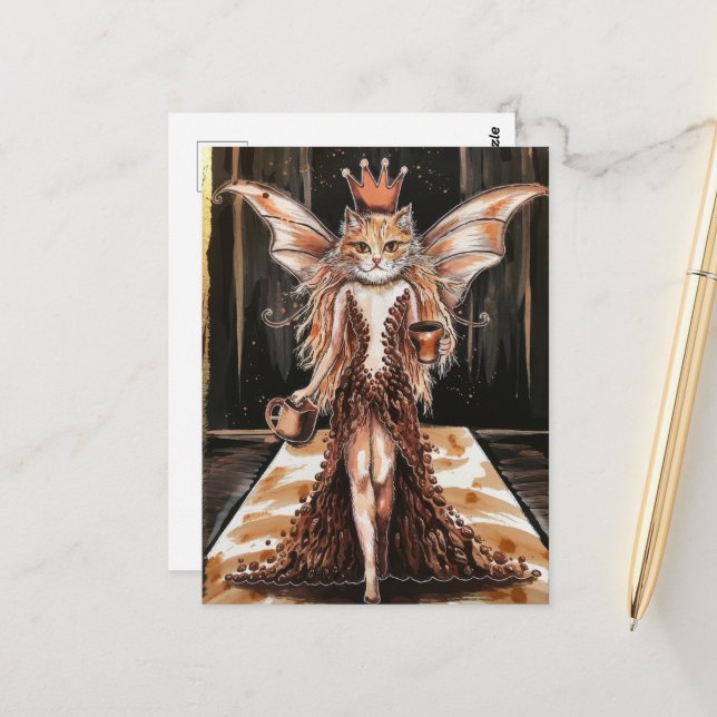 Kaffee Bean Dress Cat Fairy auf der Mode Show Postkarte (Vorderseite/Rückseite Beispiel)