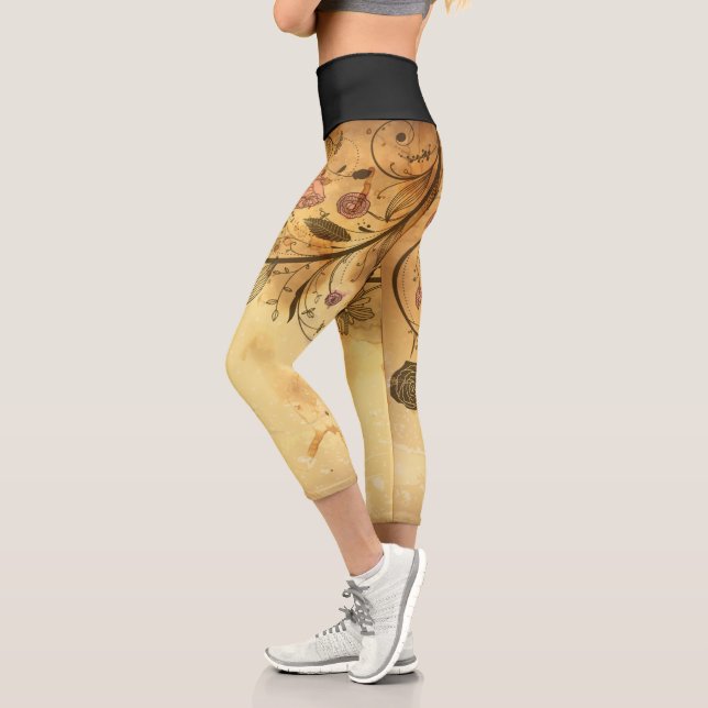 Kaffee Brown Blühte Rosa Rosen Capri Leggings (Links)