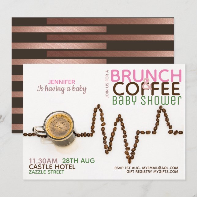 KAFFEE Brunch Babydusche Einladung Rosa Grün (Vorne/Hinten)
