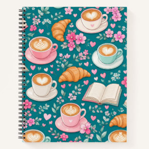 Kaffee Bücher Croissants und rosa Blumen Notizbuch