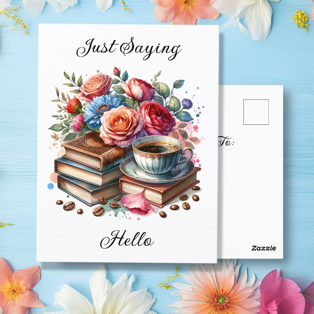 Kaffee, Bücher und Blume | Denken Sie an Sie Postkarte (Von Creator hochgeladen)