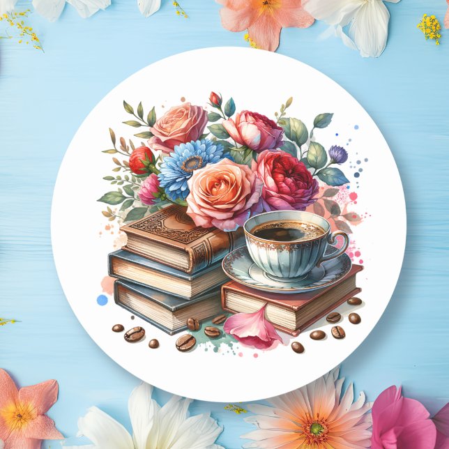 Kaffee, Bücher und Blume Umschlag Aufkleber (Von Creator hochgeladen)