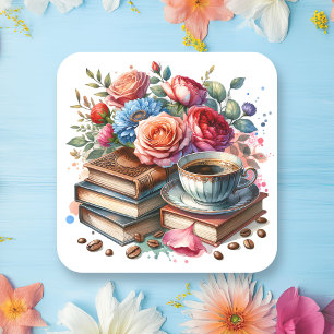 Kaffee, Bücher und Blume Umschlag Aufkleber