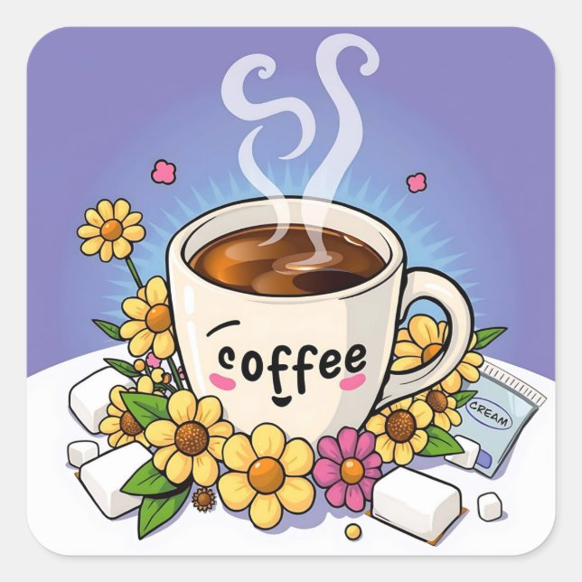Kaffee, Creme und Blume Whimsical Cartoon Quadratischer Aufkleber (Vorderseite)