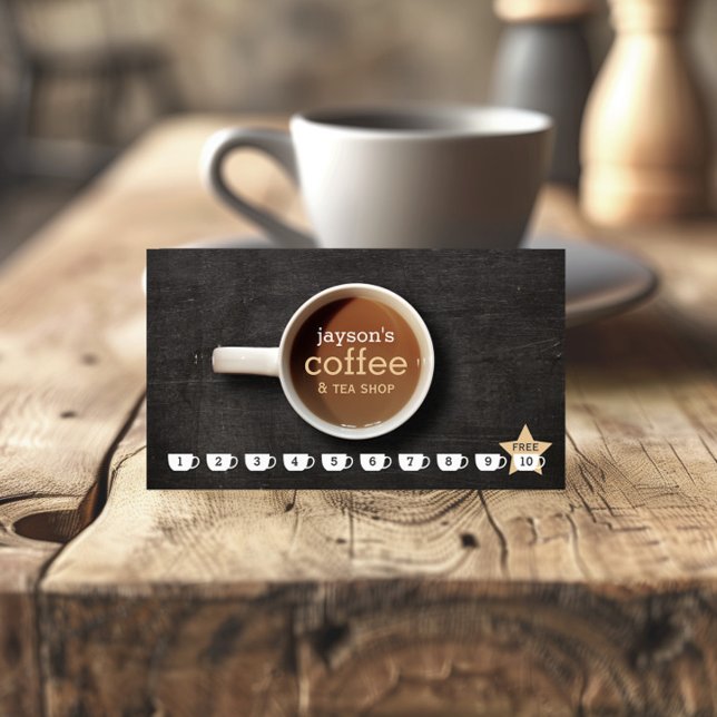 Kaffee-Cup auf Black Wood Coffee Shop Loyalty Card Treuekarte (Von Creator hochgeladen)