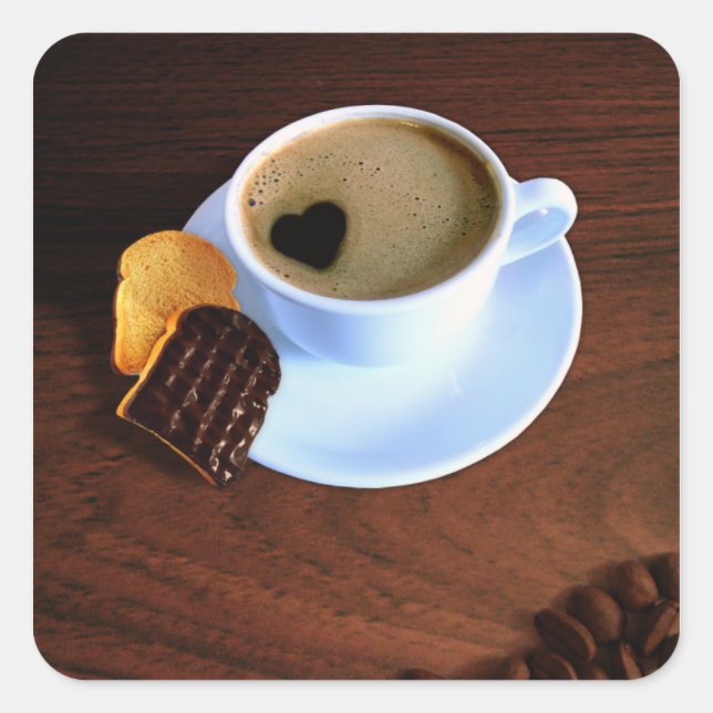 Kaffee-Cup mit herzenförmigen Schaumstoffen Quadratischer Aufkleber (Vorderseite)
