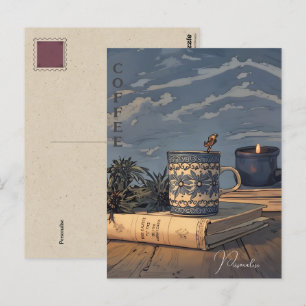 Kaffee Cup Vintag Book Candle Blue Sky Wolken Postkarte