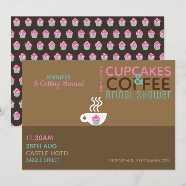 KAFFEE CUPCAKES Brautdusche Einladung Pink Choc (Vorne/Hinten)