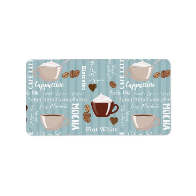 Kaffee Cups Blaue vertikale Linien Koffein Körner Adressaufkleber (Vorne)